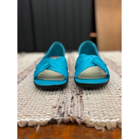 Cabin Creek Turquoise Open-Toe Sandals 7.5M Faux Leather Cushioned Low Wedge Sli - Picture 3 of 7